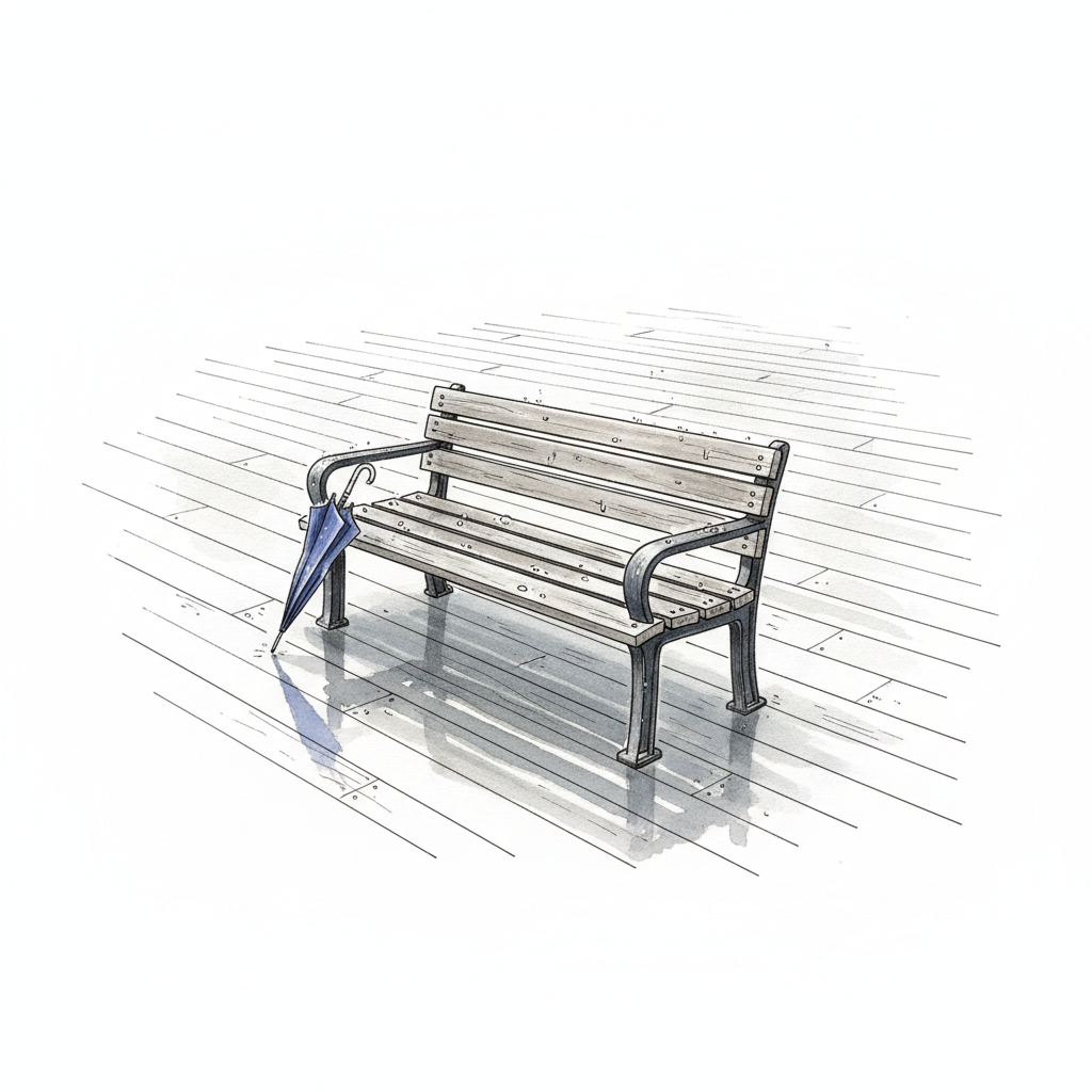 An ink drawing of an empty wooden bench on a wet pier, with raindrops and a small umbrella leaning against it.