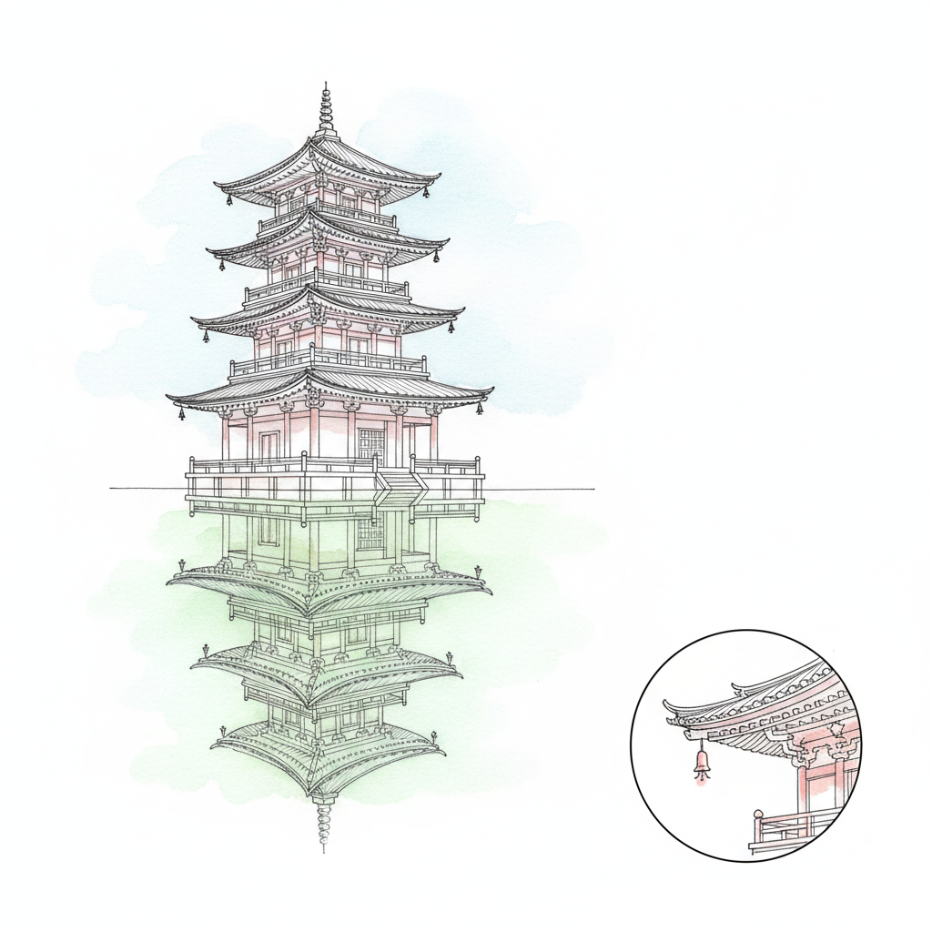An ink drawing of a three-story wooden pagoda reflected in a still pond, with pale green and blue watercolour washes.