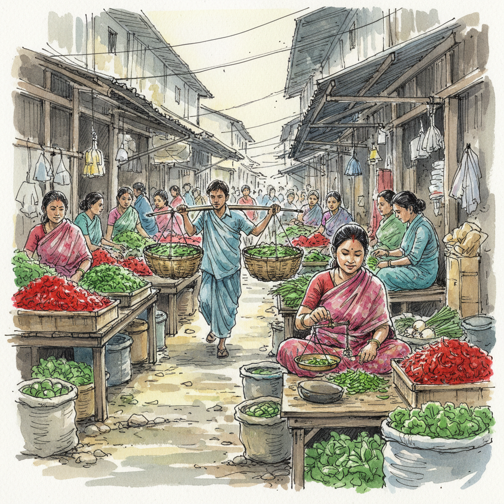 Iewduh Bara Bazar market in Shillong, with Khasi women vendors at produce stalls under tin roofs, morning bustle in the narrow lanes
