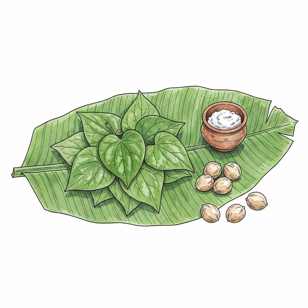 Betel leaves and areca nuts on a banana leaf at a Khasi market stall, with a small clay cup of lime paste