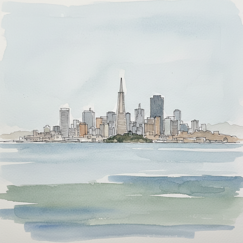 A loose watercolor view of the San Francisco skyline across the bay, with the Transamerica Pyramid and financial district towers soft against a pale sky, a single dark silhouette of Alcatraz in the foreground water.