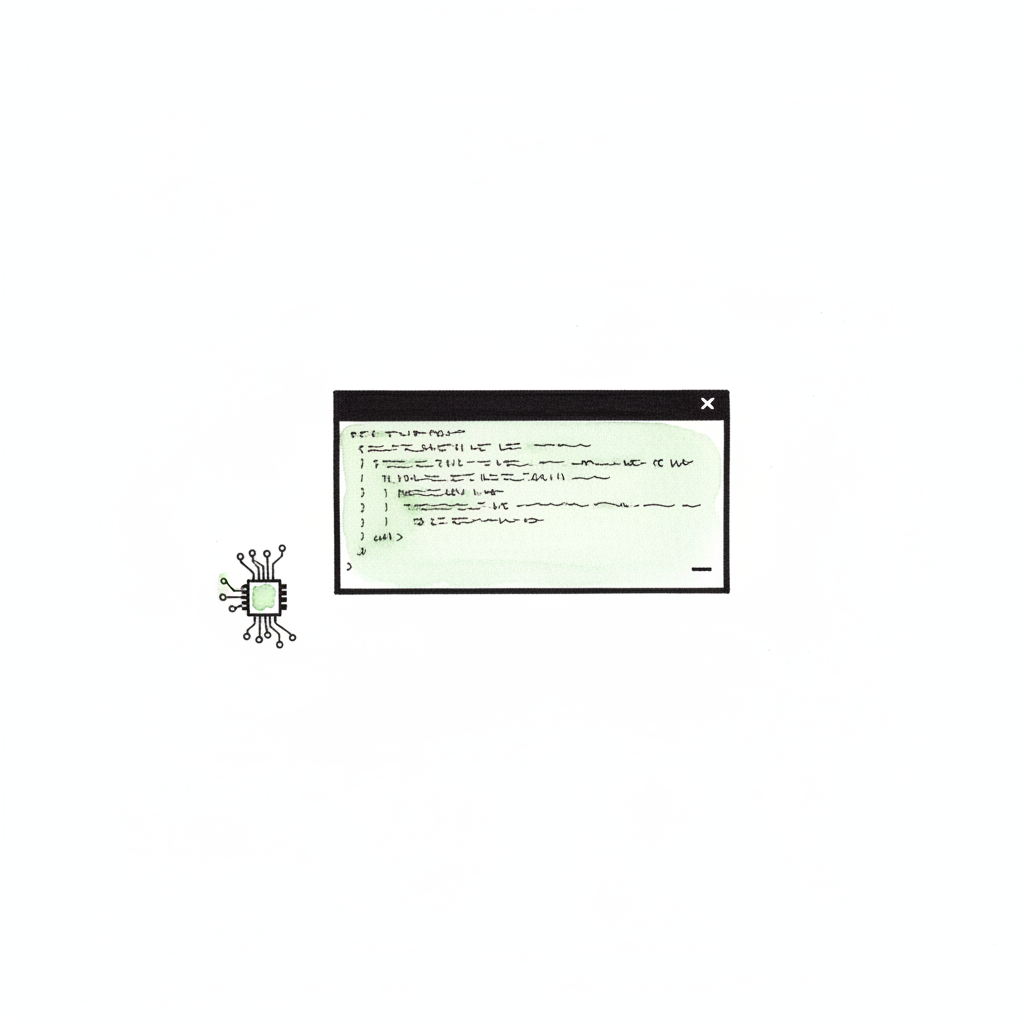 An ink drawing of a terminal window with lines of code scrolling upward, a blinking cursor at the bottom.