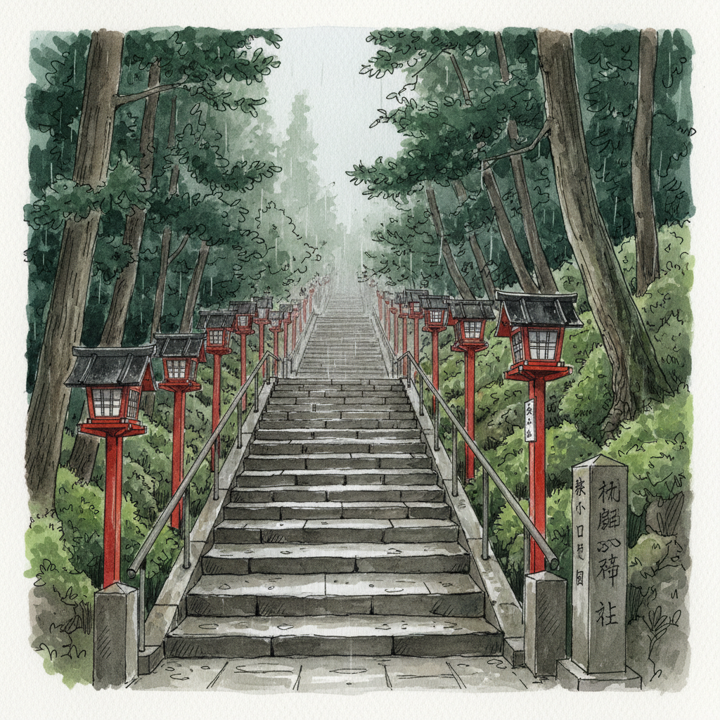 Watercolor sketch of Kifune Shrine's stone staircase lined with red lanterns, a misty mountain valley, and rain falling on the steps — Kibune, Kyoto