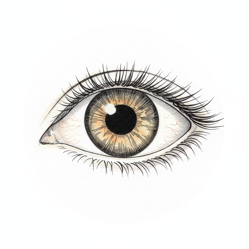 An ink drawing of a single eye, wide open and watchful, drawn with fine linework.