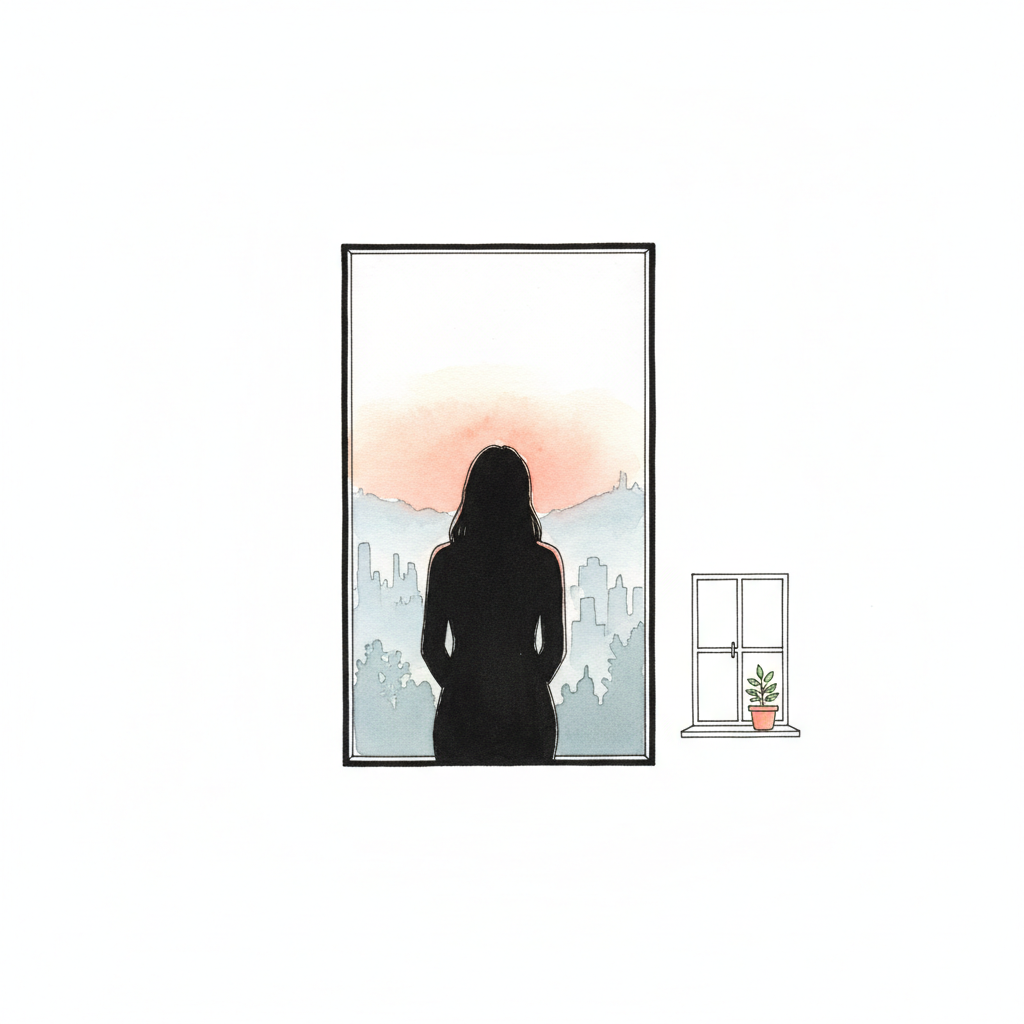 An ink drawing of a person in silhouette standing before a tall window, looking out at a city skyline at dusk.