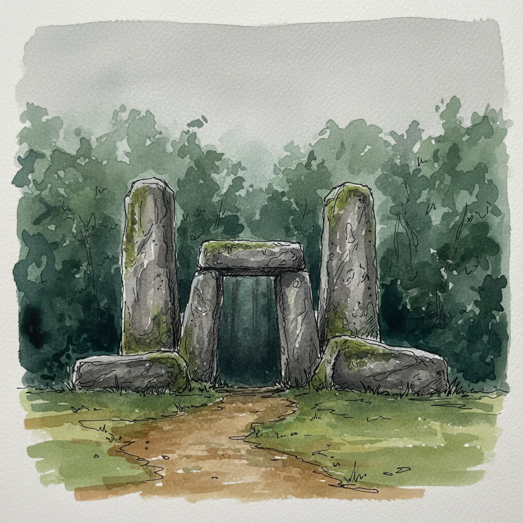 Three standing monoliths and one horizontal stone at the edge of a misty sacred forest in Meghalaya, damp grey stone against deep green foliage
