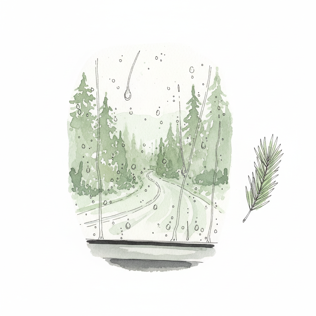 A rain-streaked shared taxi window on a winding hill road, pine trees blurred through droplets