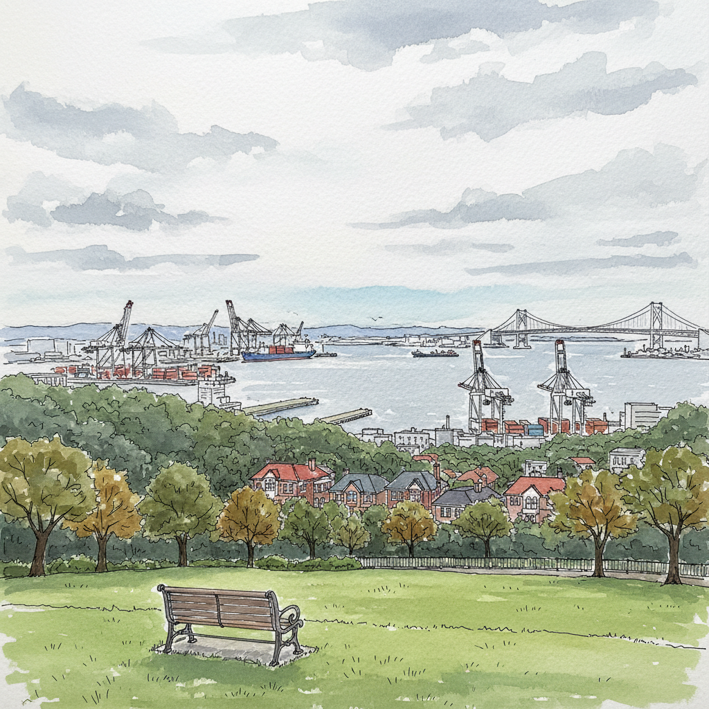 Watercolour view from Harbour View Park on the Yamate Bluff, looking down over rooftops towards Yokohama Bay with the Bay Bridge in the distance under a cloudy September sky