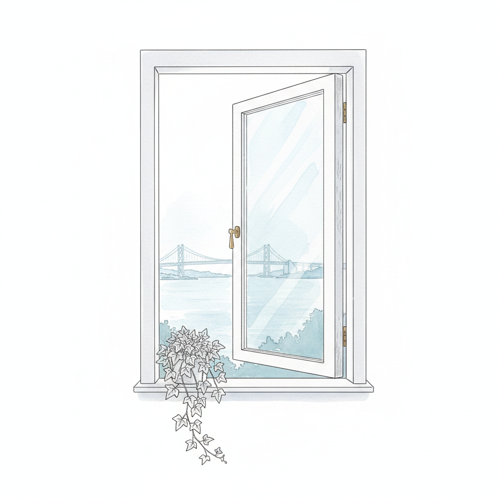 Ink vignette of a casement window in a Western-style house, with a view of the bay visible through the glass