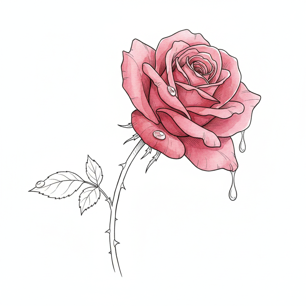 Ink vignette of a single rose in a garden after rain, droplets beading on red petals