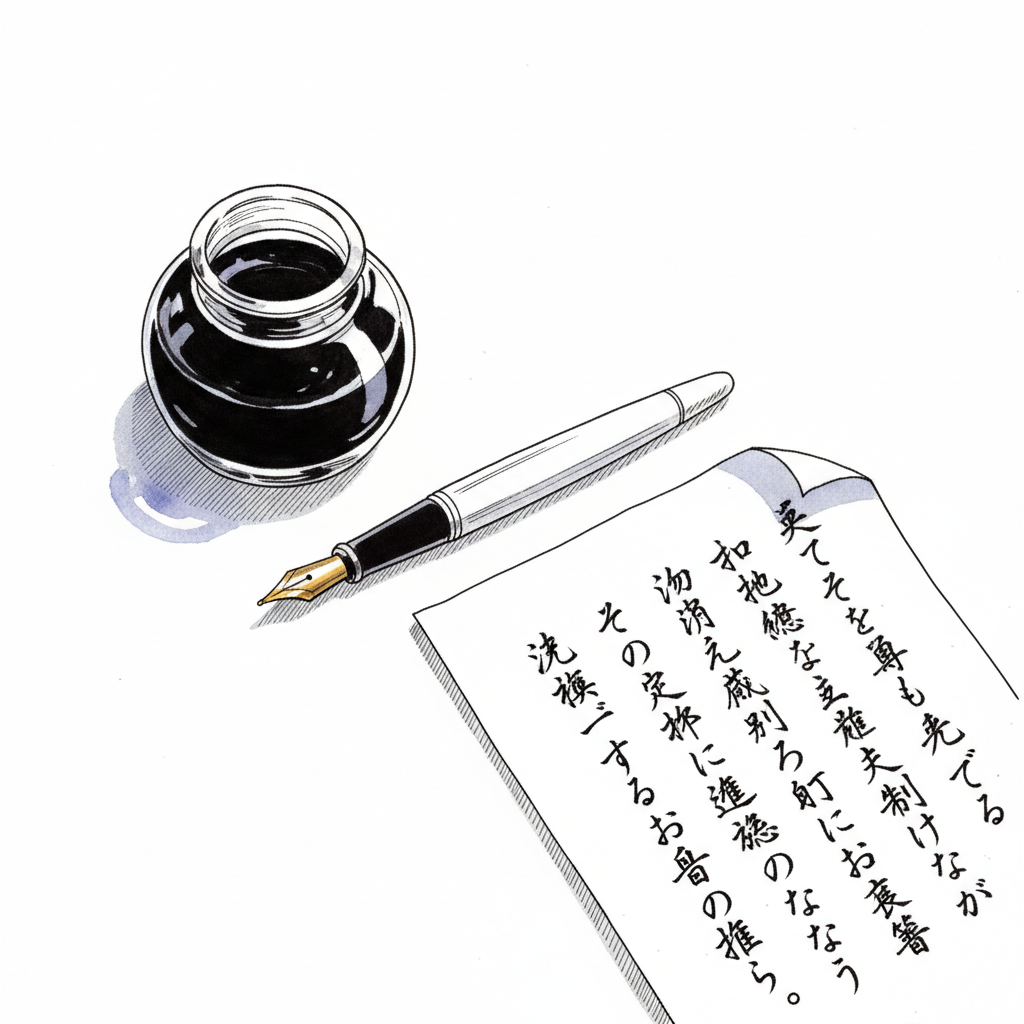 Ink vignette of a writer's desk with an inkwell, fountain pen, and edge of a manuscript page