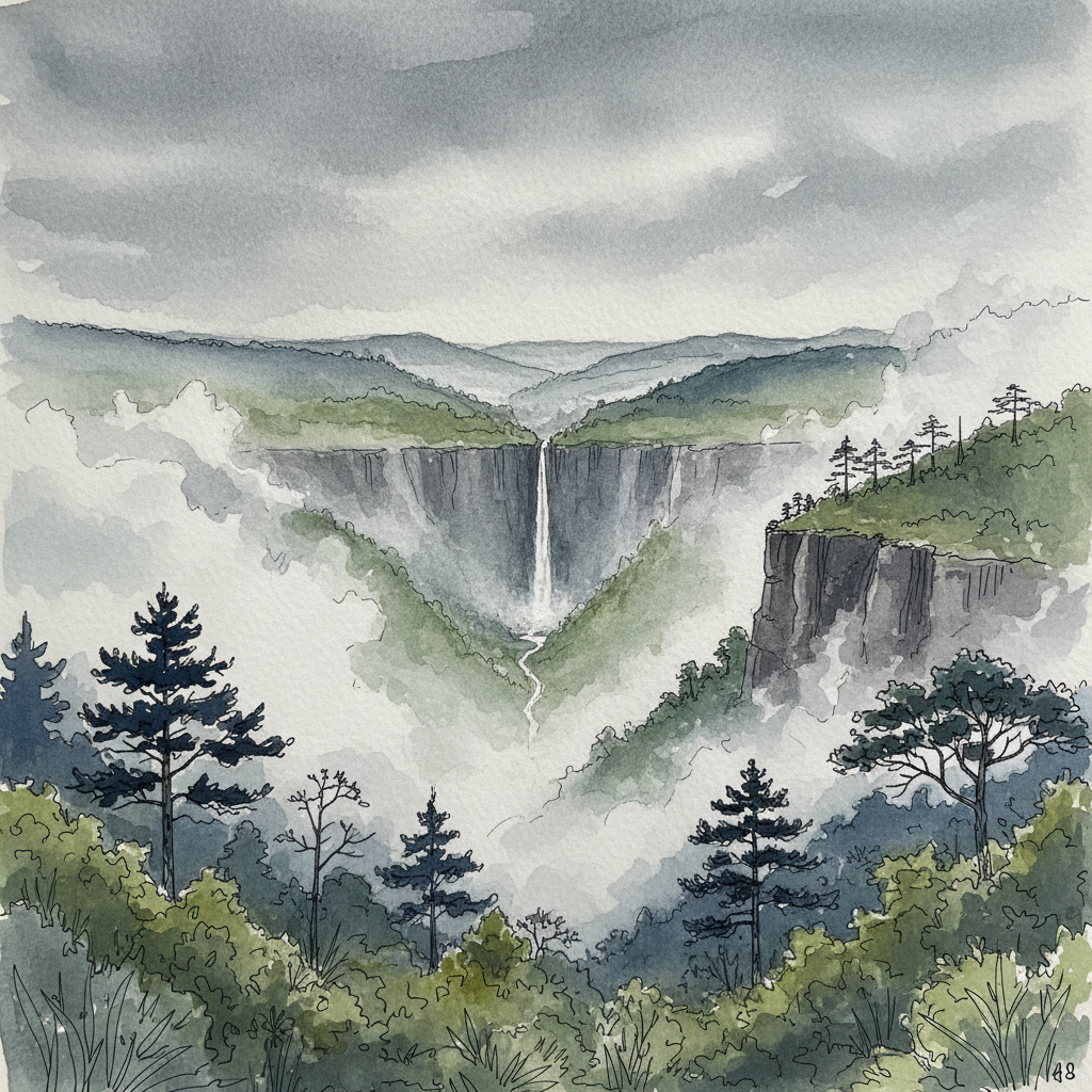 A loose watercolour sketch of the Sohra plateau edge — mist rising from a valley with the Khasi hills fading into grey-green, a stand of pines silhouetted against overcast sky, a thread of waterfall in the distance