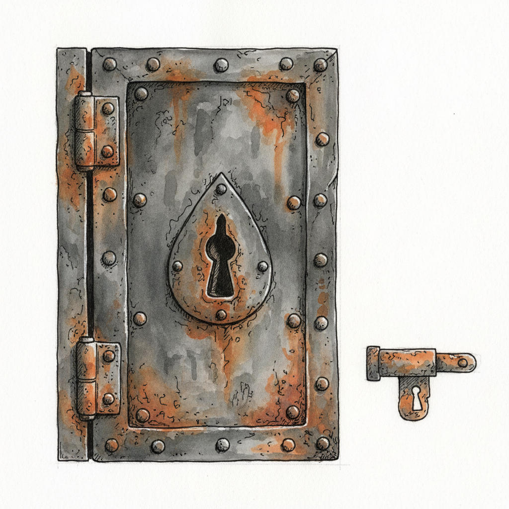Ink vignette of an old iron lockup door at Sohra 1885 cafe, with a keyhole and rusted hinges, a faint watercolour wash of red-brown rust and grey iron