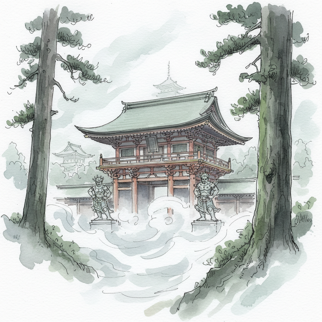 Loose watercolour sketch with fineliner of the massive Daimon Gate at Koyasan emerging from mountain mist, flanked by ancient cedar trees, with the faint silhouette of temple rooftops in the background