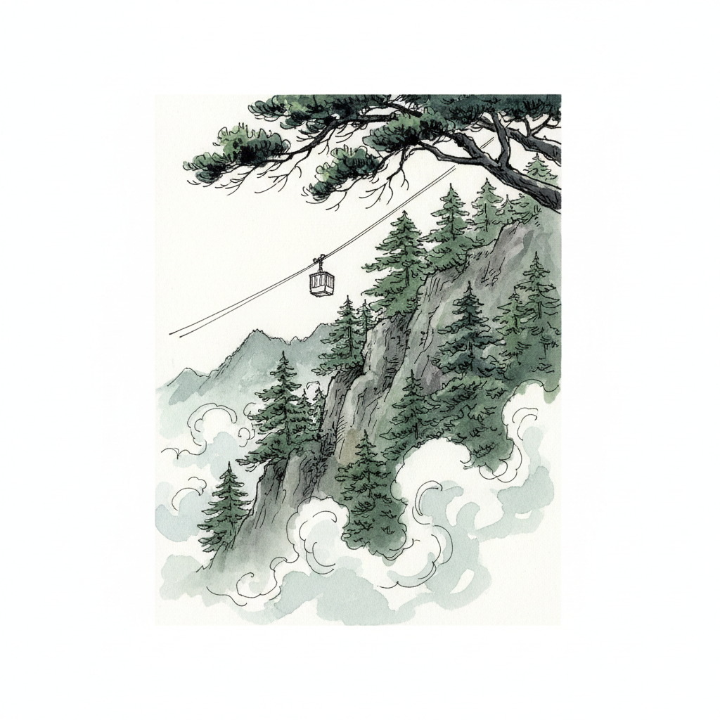 Ink vignette of a small mountain cable car climbing through towering cedar trees wrapped in mist