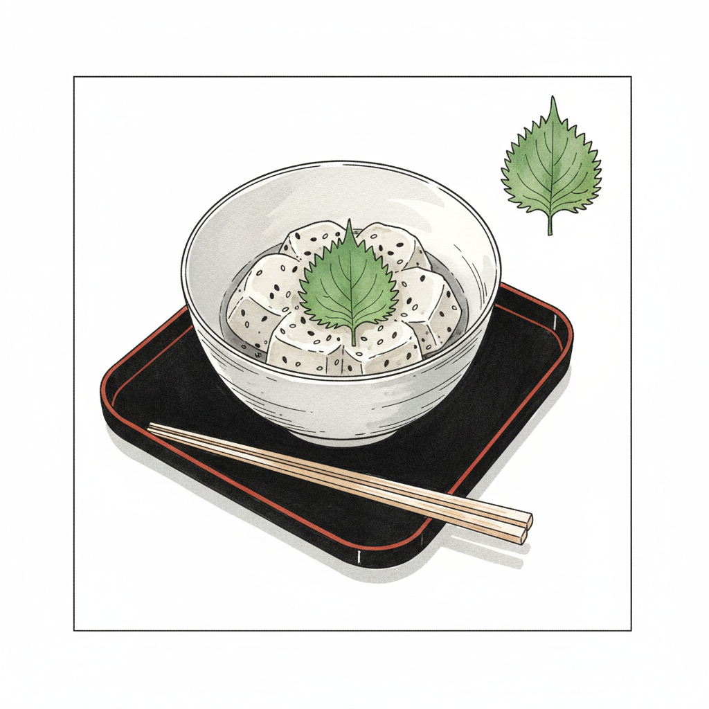 Ink vignette of a bowl of sesame tofu (goma dofu) on a lacquer tray, with chopsticks resting beside it