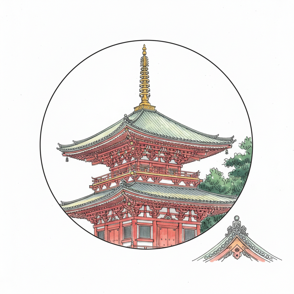Ink vignette of the Konpon Daito pagoda, the great two-storey pagoda at the center of Danjo Garan