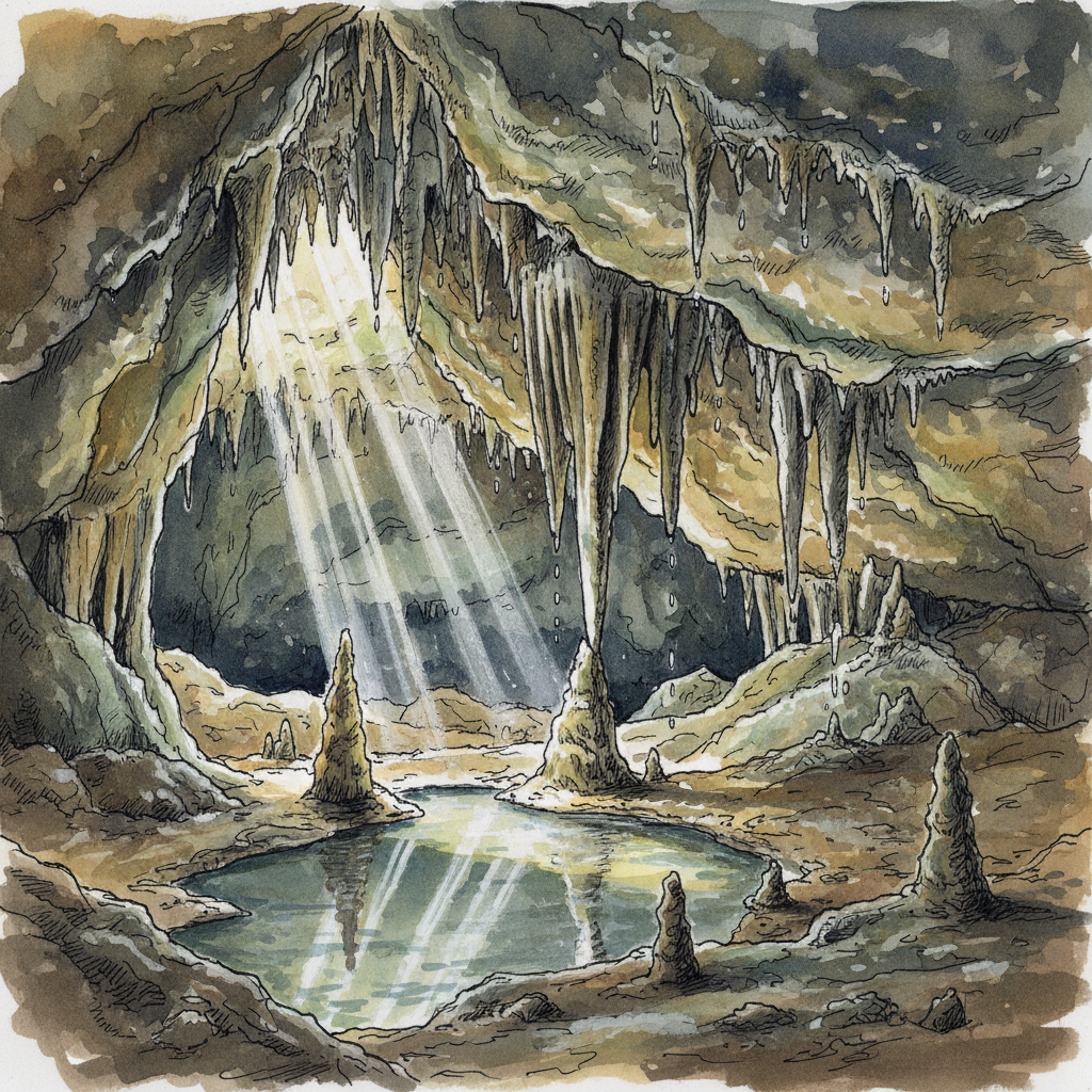 Inside Mawsmai Cave — stalactites and stalagmites in limestone, a shaft of daylight from the entrance