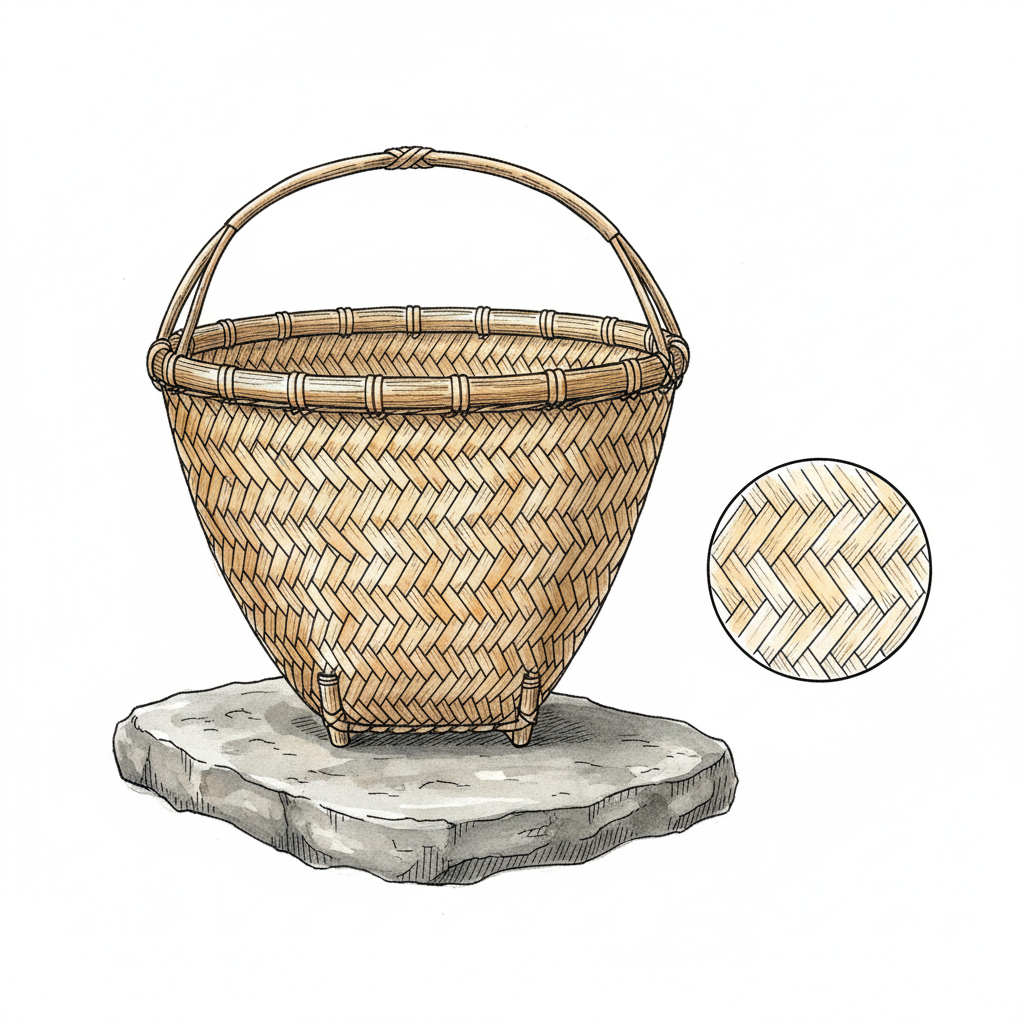A traditional Khasi bamboo carrying basket with pointed base and head-strap