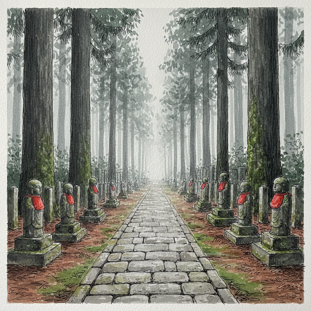 Watercolour sketch with fineliner of the long cedar-lined avenue at Okunoin, moss-covered stone monuments flanking a cobblestone path disappearing into mist, Jizo statues with red bibs among the tombs