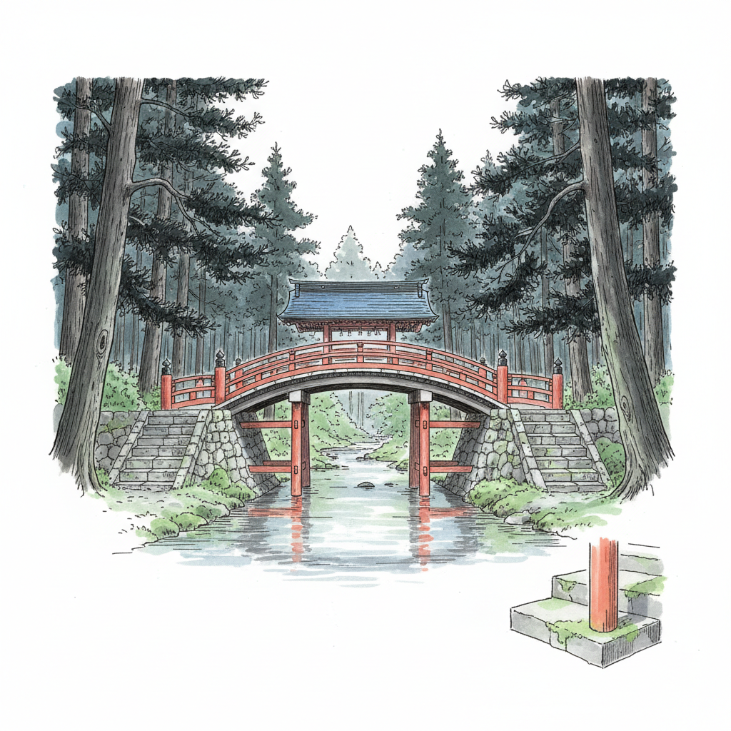 Ink vignette of the Gobyō-bashi, a small ornate vermilion bridge arching over a stream in the cedar forest at Okunoin