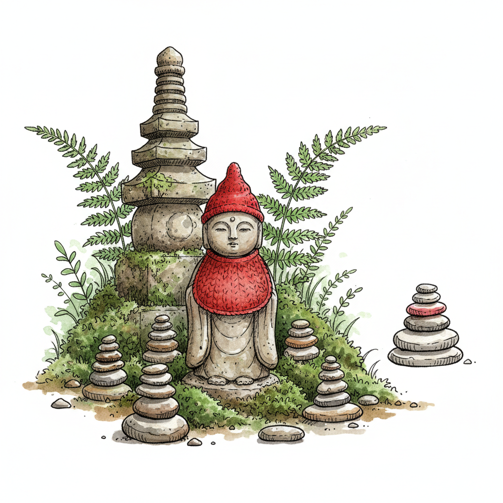 Ink vignette of a stone Jizo statue in red bib and cap, surrounded by small cairns, with a moss-covered gorinto stupa behind it