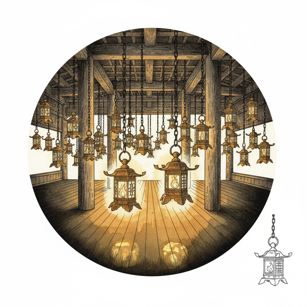Bi vignette of the Tō-dō lantern hall, uncountable brass and in lanterns hanging from a dark wooden ceiling, warm golden light on dark polished wood