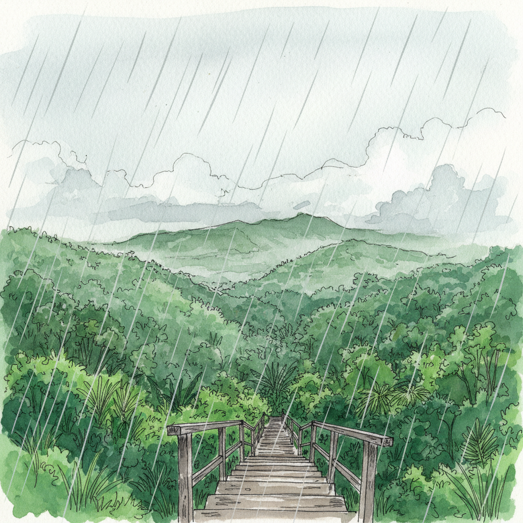 The Sohra plateau in monsoon — mist rolling over green hills, rain falling in grey streaks over a valley stairway