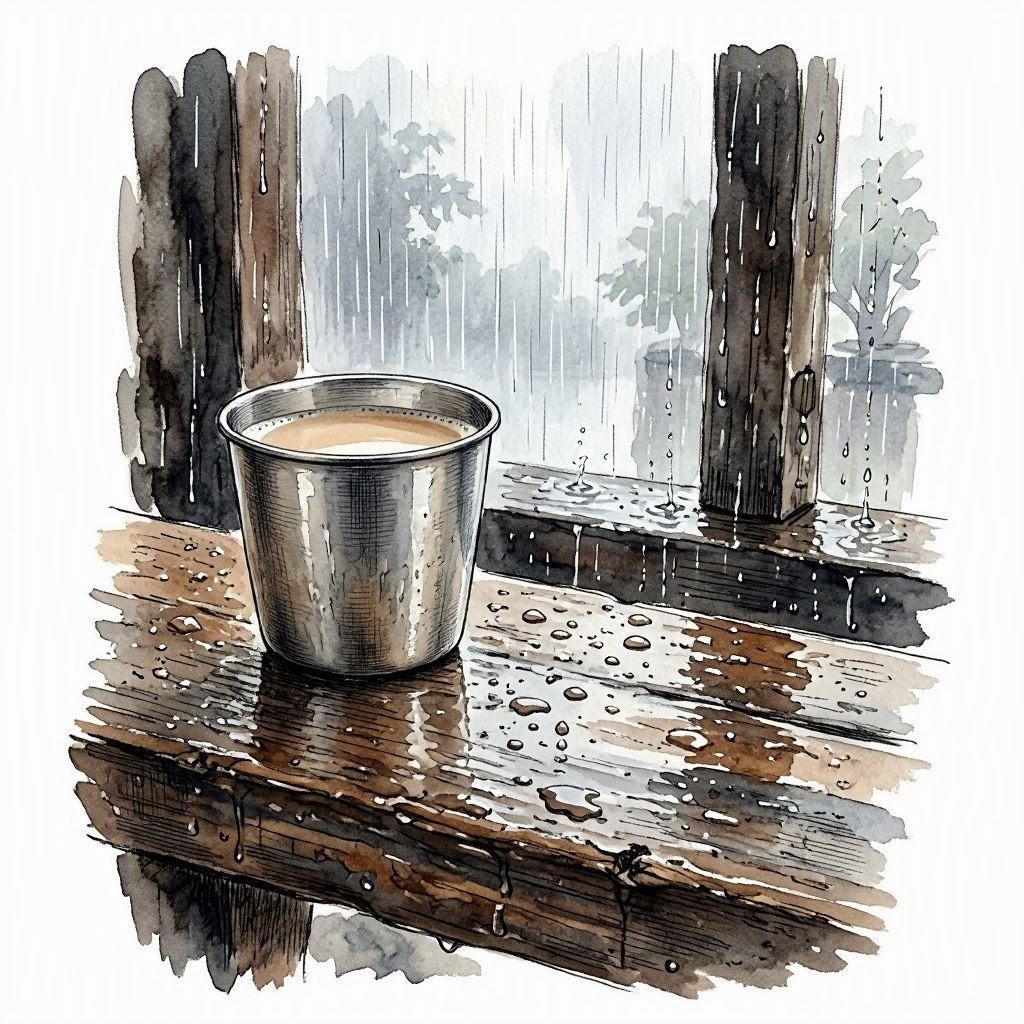 Small ink vignette of a steel tumbler of chai on a wet wooden bench, rain droplets on the surface