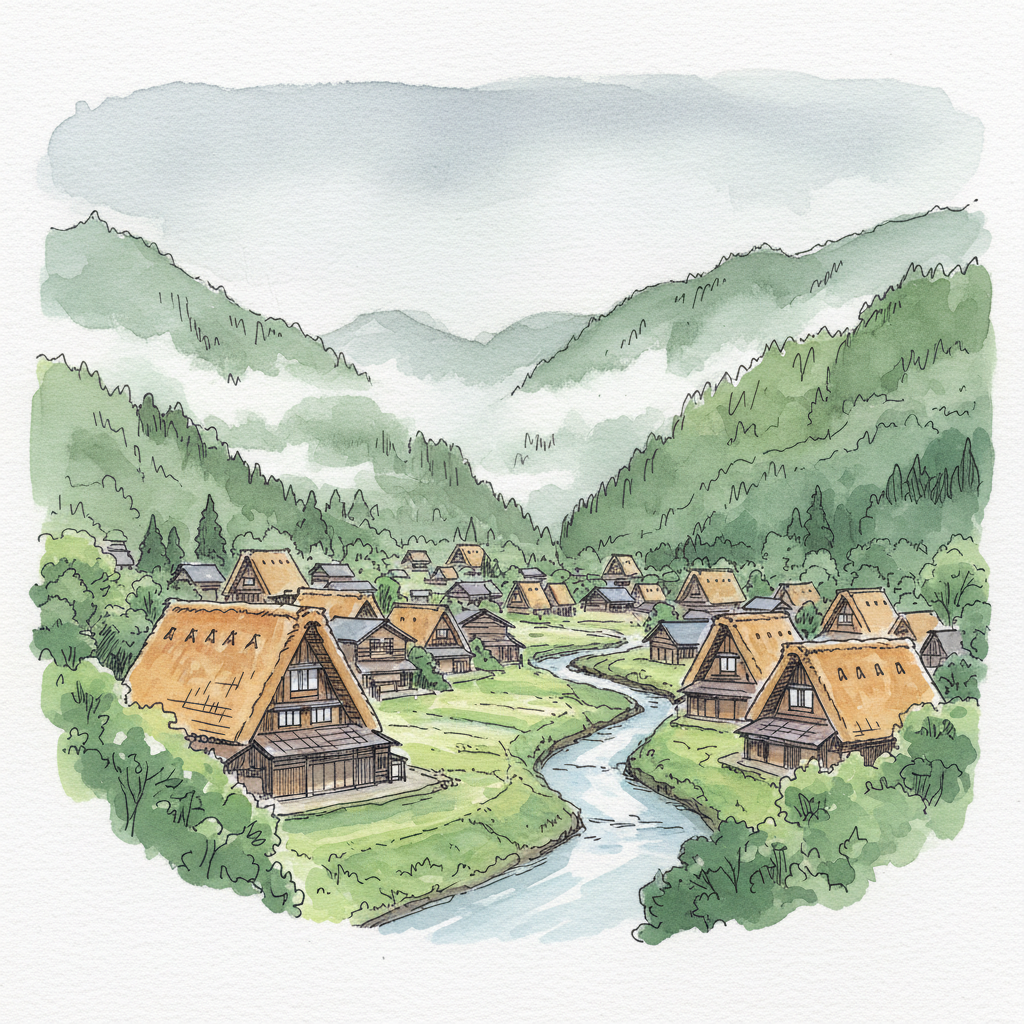 Ogimachi village in Shirakawa-go seen from the hillside observation point — gassho-zukuri farmhouses with steep thatched roofs scattered across a green valley, mountains rising into low fog