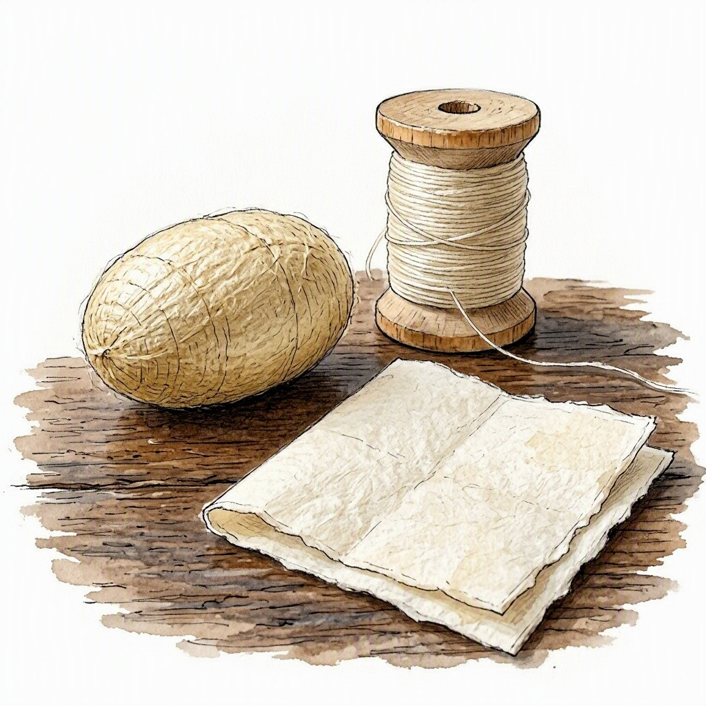 A small silk cocoon and a spool of thread on a wooden table, with a folded piece of washi paper beside them
