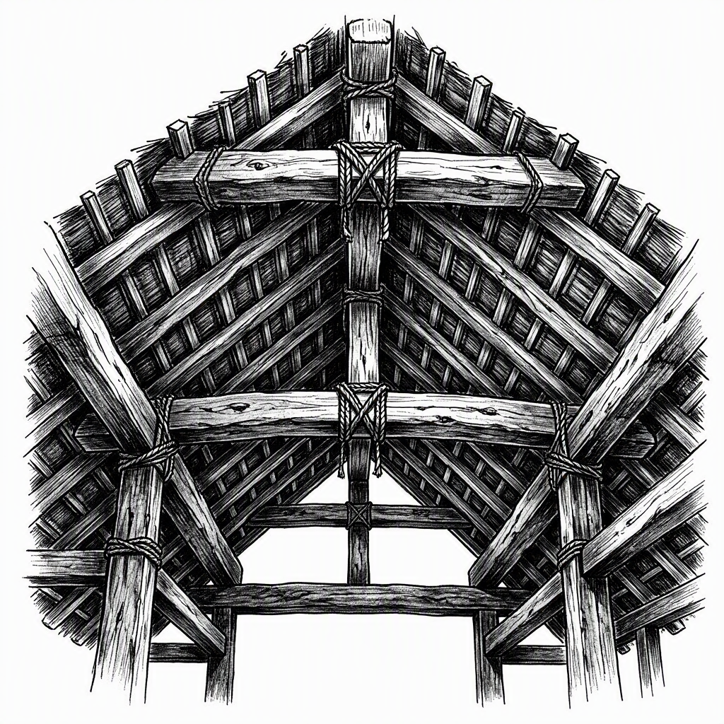 Ink sketch of the interior roof framework of a gassho-zukuri farmhouse — thick wooden rafters bound with rope, showing the steep triangular structure under the thatch