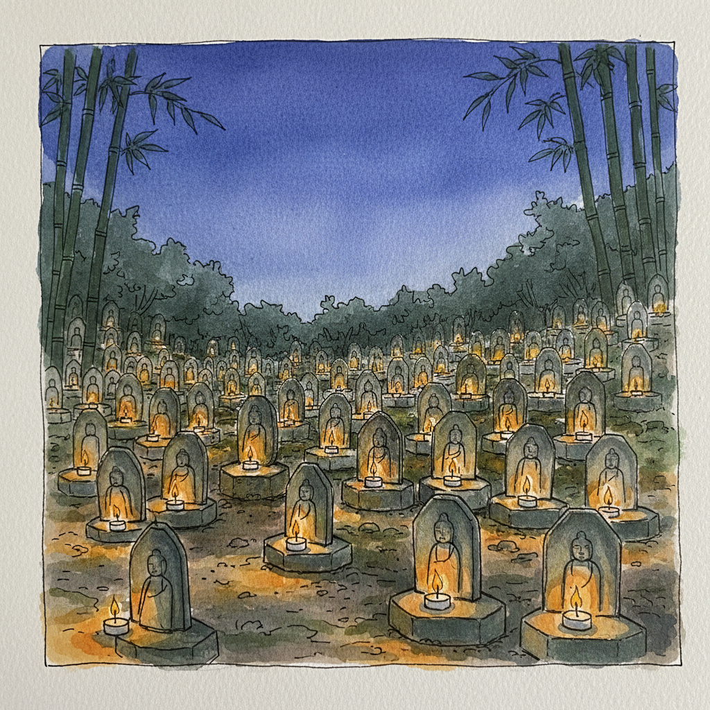 Watercolor sketch of hundreds of stone Buddha statues at Adashino Nenbutsu-ji lit by candles at dusk