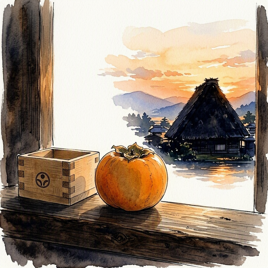 A small wooden sake cup and a single persimmon on a windowsill, with the silhouette of a gassho roof visible through the window