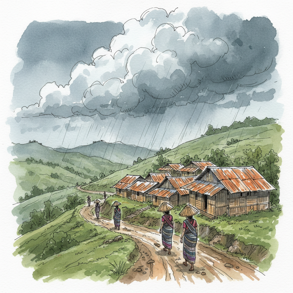 Mawsynram village under monsoon clouds in the Khasi Hills