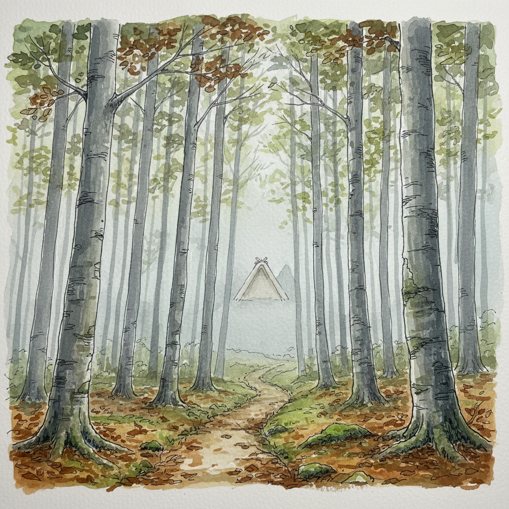 A watercolour sketch of a misty path through an ancient beech forest in Shirakawa-go, tall pale trunks receding into grey, shafts of muted light, a gassho roof barely visible in the distance