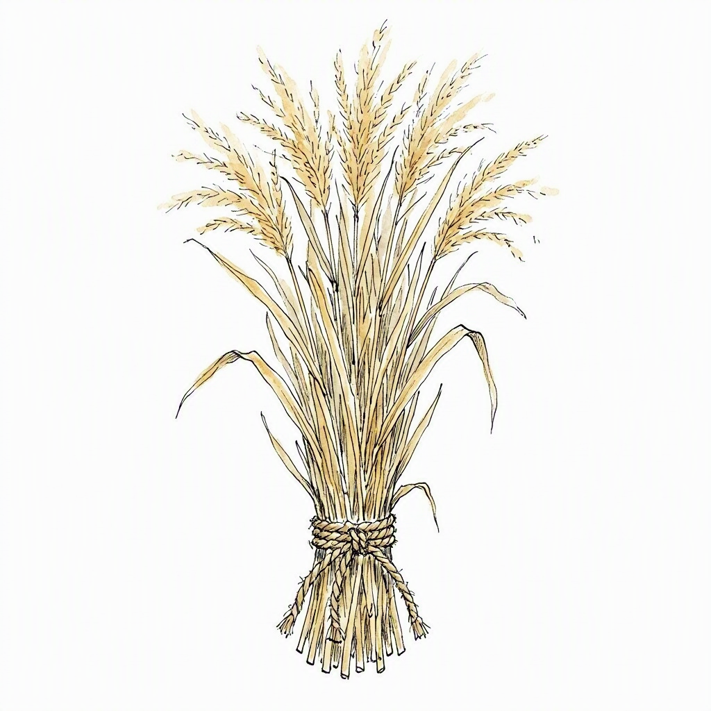 Ink sketch of a sheaf of dried miscanthus grass — kaya for thatching — tied with a rope, standing against a plain background