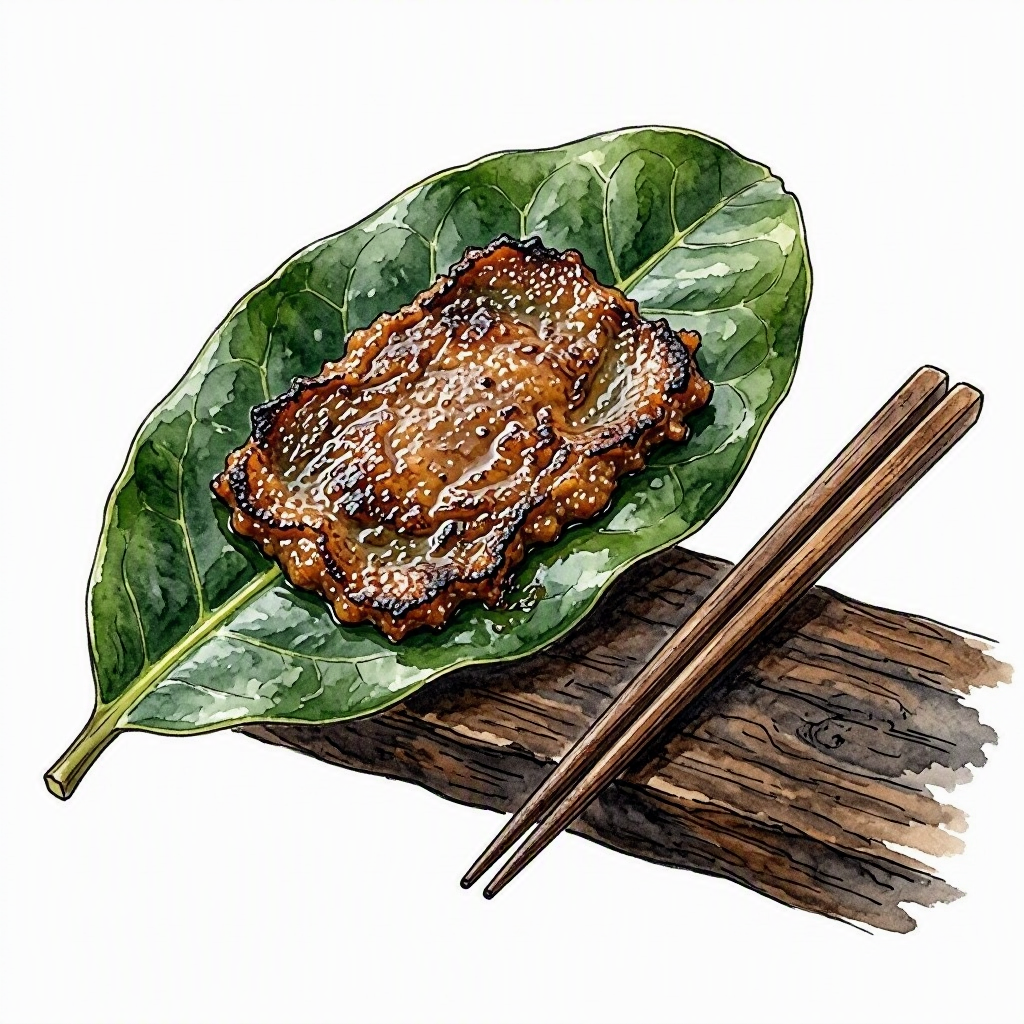 Ink sketch of a magnolia leaf with grilled miso spread on it, sitting on a wooden table with chopsticks beside it