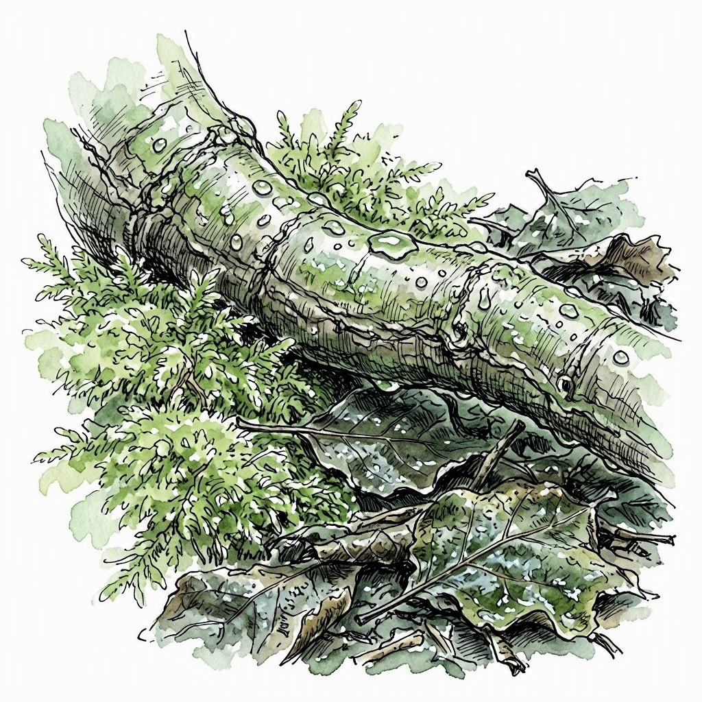 Ink sketch of a beech tree root breaking through a carpet of moss and fallen leaves, with droplets of rain — a close detail of the forest floor