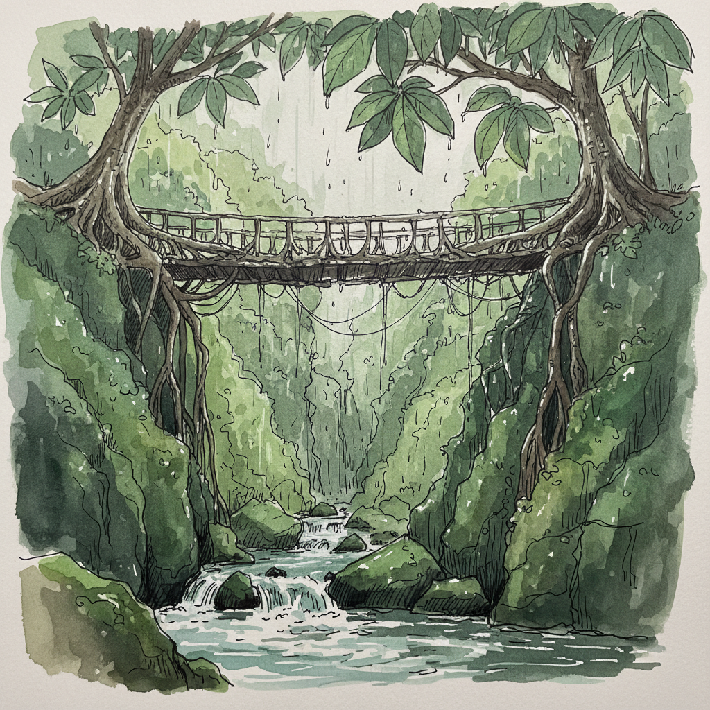 A living root bridge spanning a gorge in the Khasi hills, monsoon rain falling on the canopy above and the river below