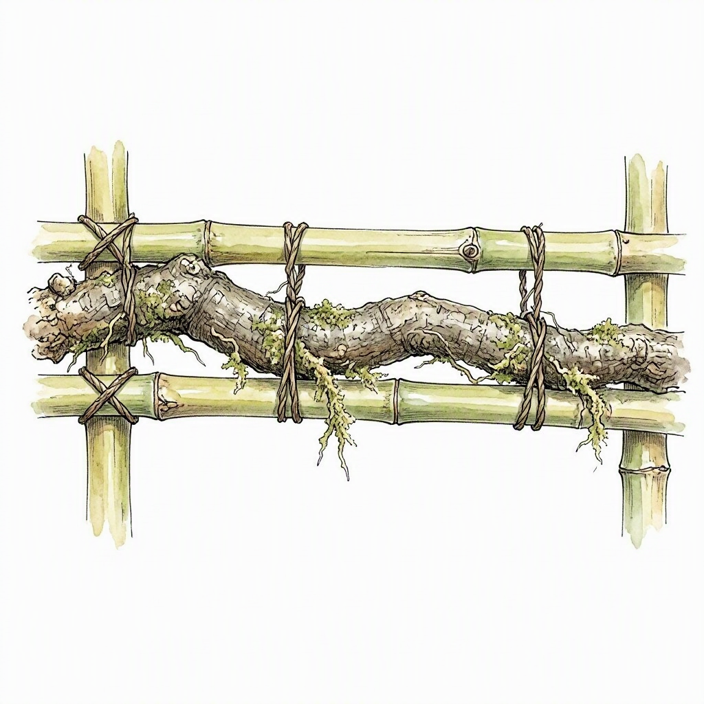 A thick Ficus aerial root being trained along a bamboo support frame, tied with vine