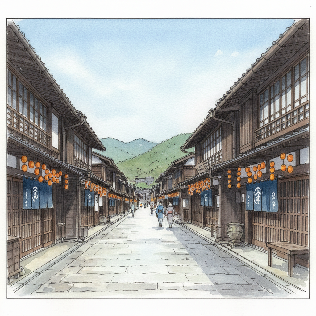A wide street in Takayama's old town, traditional wooden Edo-period merchant houses with lattice doors line both sides, persimmons hanging under an eave, the Japanese Alps rising softly in the distance.