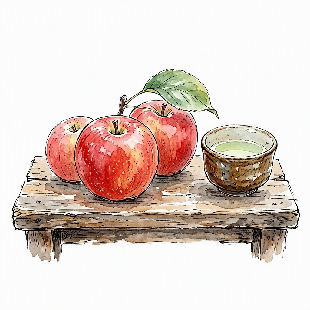 A wooden tray of just-picked Hida apples at the Miyagawa morning market with a small ceramic cup of tea beside it.