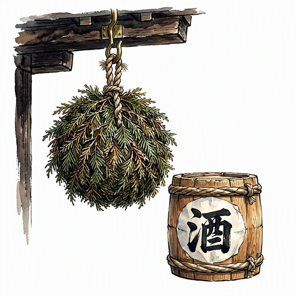 A round cedar sugidama ball hanging from a brass hook under a dark wooden eave, with a small wooden sake barrel beside it.