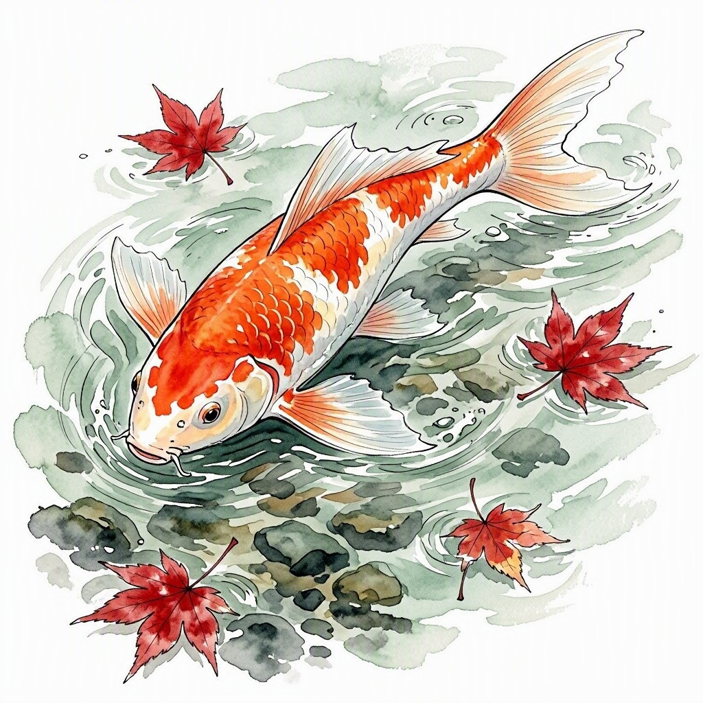 A carp swimming in the narrow canal beside the old town street, its scales catching the light.