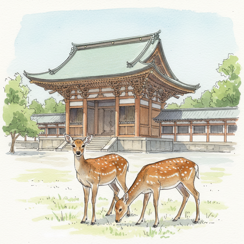 Watercolor sketch of sika deer in Nara Park with Tōdai-ji Great Buddha Hall in the background