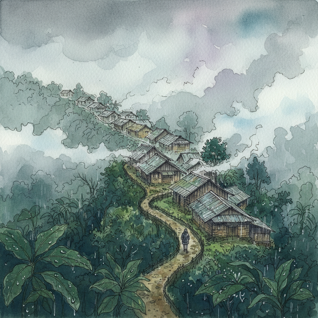 Mawsynram village in the monsoon — mist rolling through the Khasi hills, steep-roofed houses, everything damp and green