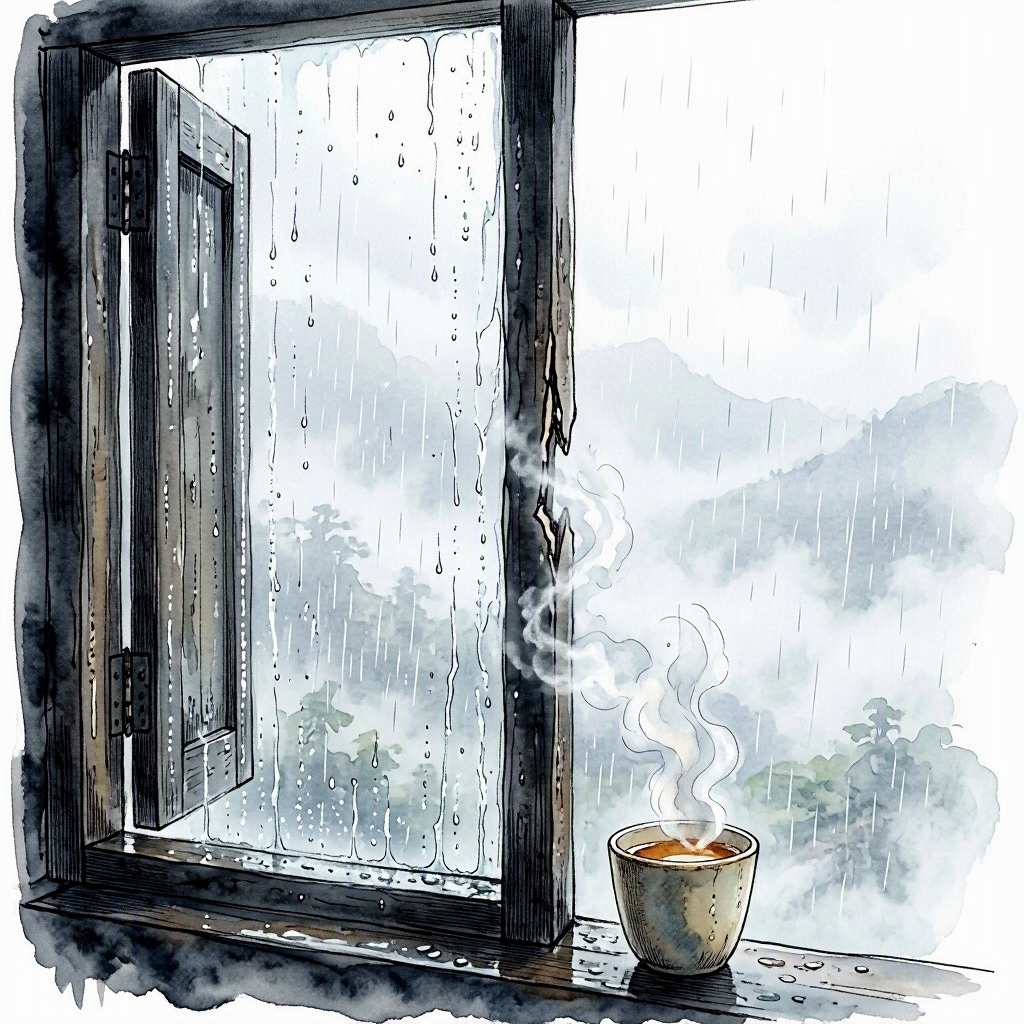 A small vignette of a window in a Khasi home — mist seeping through the frame, rain visible outside, a cup of tea on the wooden sill