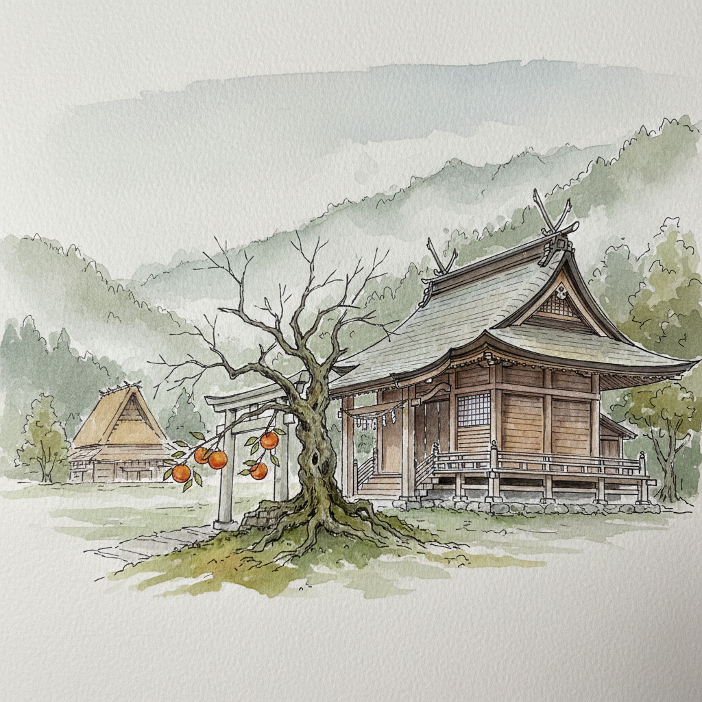 Watercolour sketch of Shirakawa Hachiman Shrine in autumn, wooden shrine building with curved roof, persimmon tree, misty valley behind, gassho roof in distance