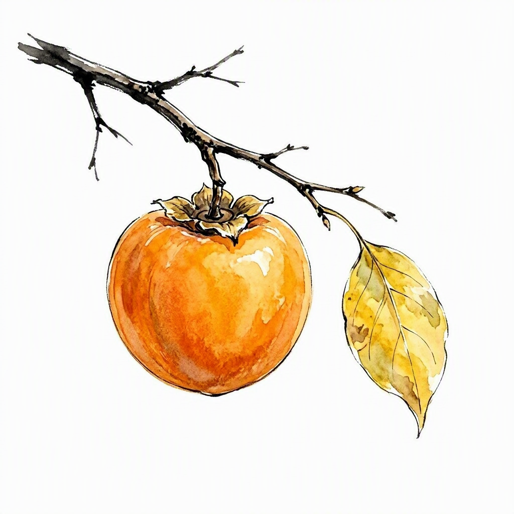 Ink vignette of a single orange persimmon hanging from a bare branch, with a tiny twist of dried stem, the sky a pale wash behind it